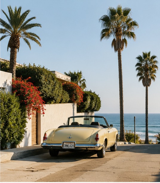 Convertible parked above the ocean, palms overhead