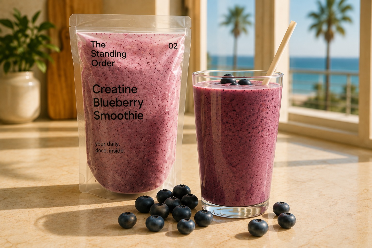 Creatine Blueberry Smoothie pack with smoothie glass