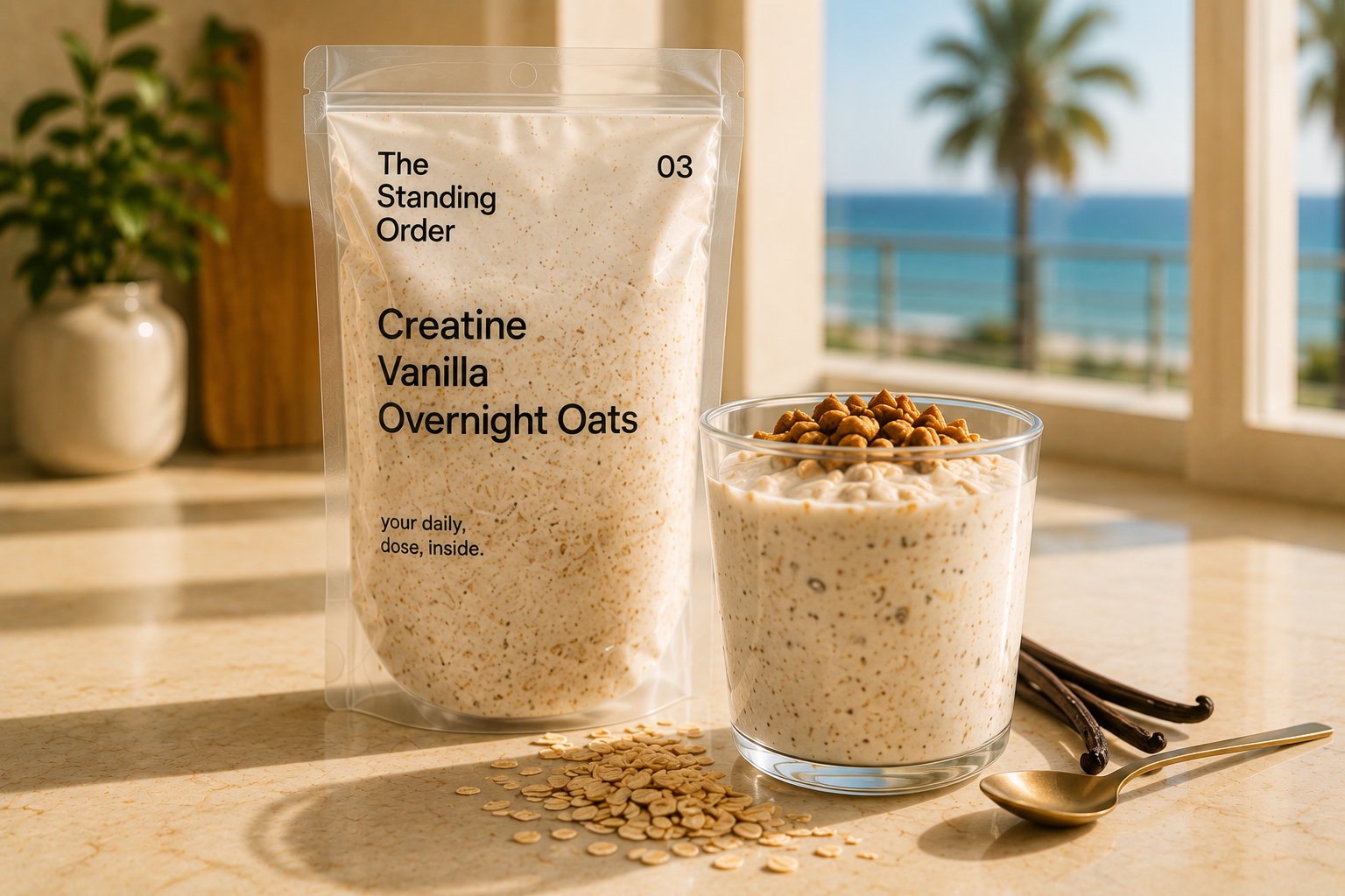 Creatine Vanilla Overnight Oats pack with oats glass