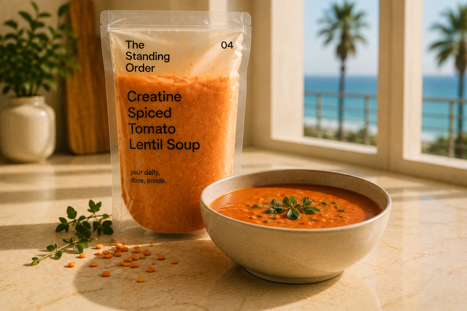Creatine Spiced Tomato Lentil Soup pack with bowl of soup