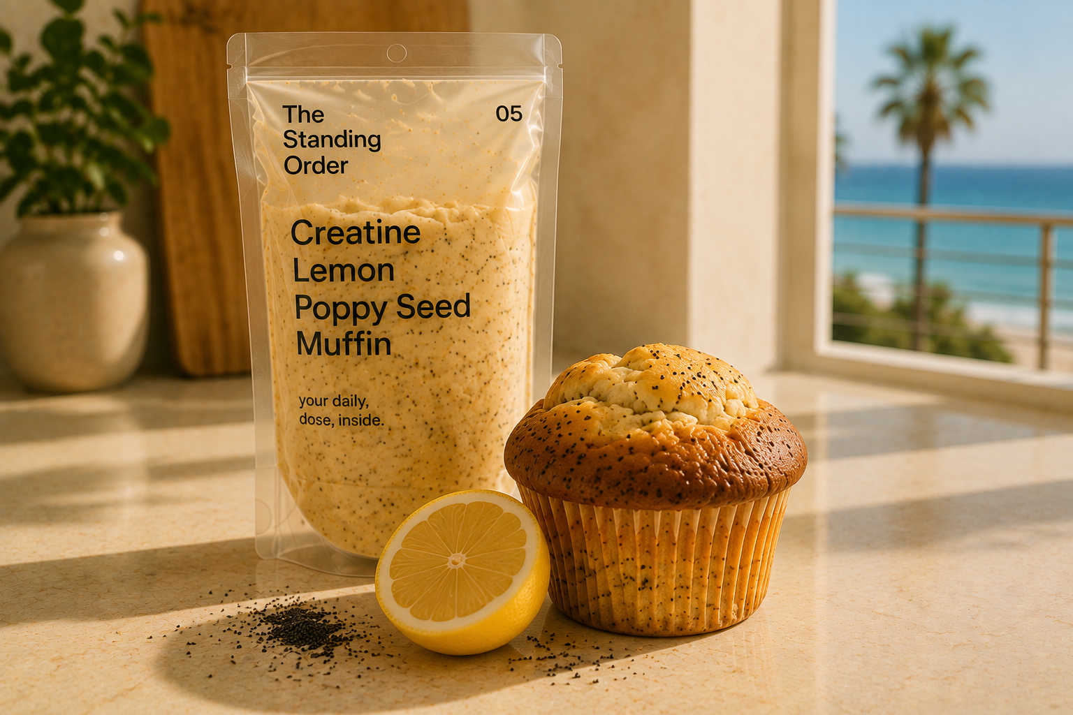 Creatine Lemon Poppy Seed Muffin pack with muffin